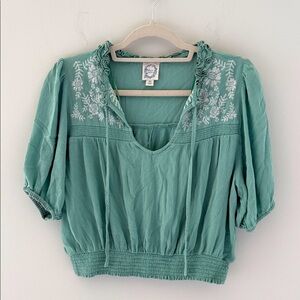 Blue Rain Teal Blouse with White Embroidery